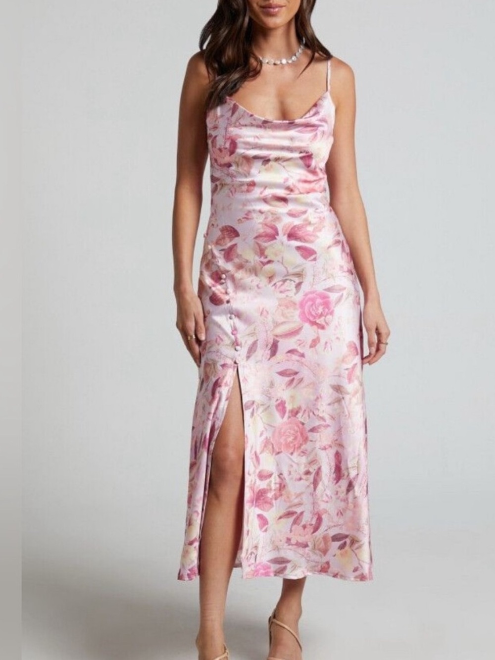 Showpo ojai dress in soft floral | cowl neck satin dress